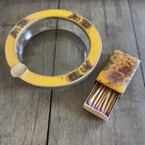 Vintage Hollywood Floral Ash Tray Ashtray & Matchbox Set Ornate Glass Metal